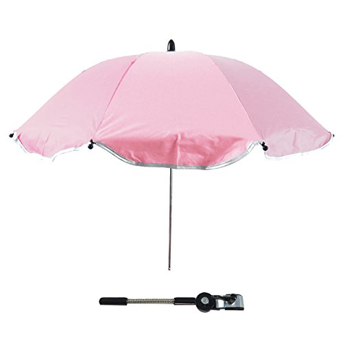 Gosear Sombrilla Silla Paseo Universal, Cochecito Paraguas sombrilla Parasol para Sillita de bebé protección UV, 360 Grados de dirección Ajustable (Rosado)