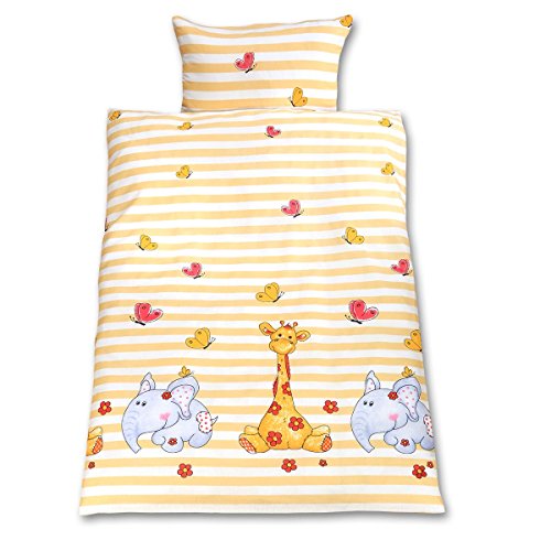 Gräfenstayn® 2 piezas Juego de cama para niños con motivos de animales y cremallera integrada hecha de 100% algodón, funda nórdica de 135x100 cm y funda de almohada de 60 x 40cm (Jirafa & Elefante)