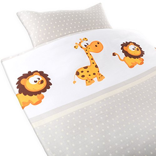 Gräfenstayn® 2 piezas Juego de cama para niños con motivos de animales y cremallera integrada hecha de 100% algodón, funda nórdica de 135x100 cm y funda de almohada de 60 x 40cm (Jirafa & León)