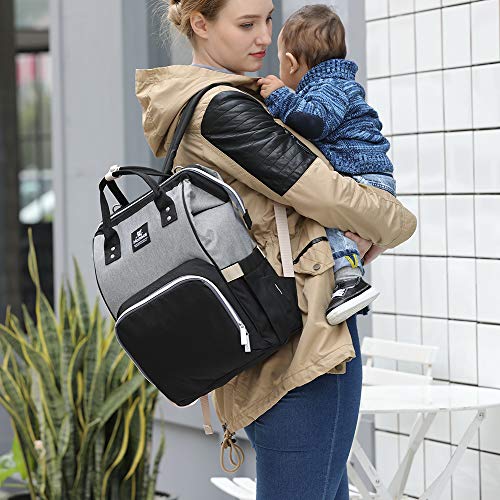 Hafmall Mochilas para Pañales de Viaje Impermeable para Bebés, Elegante Bolsos para Pañales de Gran Capacidad con Cambiador y Ganchos Carrito Bebé (Negro+Gris)