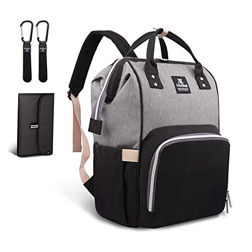 Hafmall Mochilas para Pañales de Viaje Impermeable para Bebés, Elegante Bolsos para Pañales de Gran Capacidad con Cambiador y Ganchos Carrito Bebé (Negro+Gris)