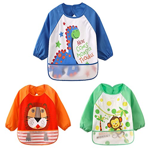 HaimoBurg Pack de 3 Baberos Impermeable PEVA de Manga Larga Para Bebé Niños Niñas 6 a 36 meses