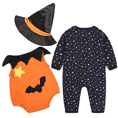 Halloween Disfraz Bebe Ropa Fossen Recién Nacido Niño Niña Calabaza Mono + Sombrero de Bruja 3PC/ Conjunto Otoño Invierno Ropa (12-18 Meses, 01)