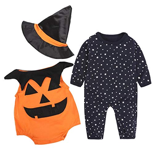 Halloween Disfraz Bebe Ropa Fossen Recién Nacido Niño Niña Calabaza Mono + Sombrero de Bruja 3PC/ Conjunto Otoño Invierno Ropa (12-18 Meses, 01)