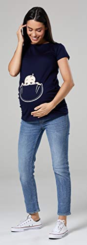 Happy Mama. para Mujer Camiseta premamá T-Shirt Estampado bebé en Bolsillo. 501p (Armada, EU 46/50, 3XL)