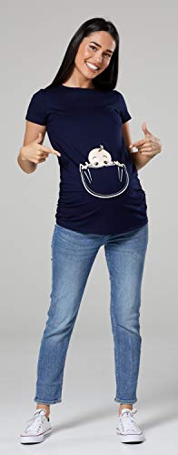 Happy Mama. para Mujer Camiseta premamá T-Shirt Estampado bebé en Bolsillo. 501p (Armada, EU 46/50, 3XL)