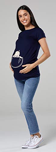 Happy Mama. para Mujer Camiseta premamá T-Shirt Estampado bebé en Bolsillo. 501p (Armada, EU 46/50, 3XL)