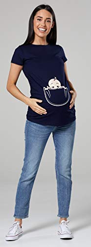 Happy Mama. para Mujer Camiseta premamá T-Shirt Estampado bebé en Bolsillo. 501p (Armada, EU 46/50, 3XL)