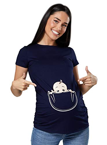 Happy Mama. para Mujer Camiseta premamá T-Shirt Estampado bebé en Bolsillo. 501p (Armada, EU 46/50, 3XL)