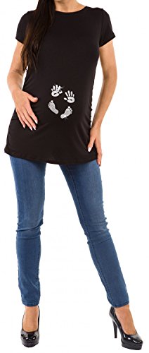 Happy Mama. Para Mujer Camiseta premamá T-Shirt estampado pies manos bebé. 013p (Negro & Plata, 42-44, XL)