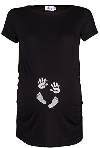 Happy Mama. Para Mujer Camiseta premamá T-Shirt estampado pies manos bebé. 013p (Negro & Plata, 42-44, XL)