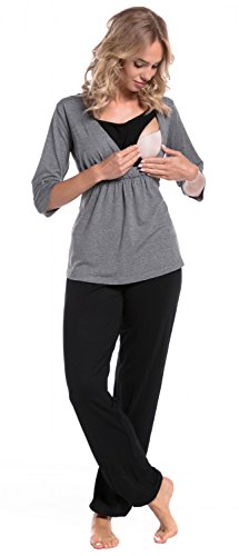 HAPPY MAMA. Para Mujer Pijama Premamá Embarazo Lactancia Ropa de Dormir. 060p (Mezcla De Grises & Negro, 36, S)