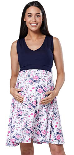 HAPPY MAMA. Para Mujer Vestido en Capas Premamá de Lactancia Sin Mangas. 685p (Azul Marino y Crudo con Flores, EU 40/42,)