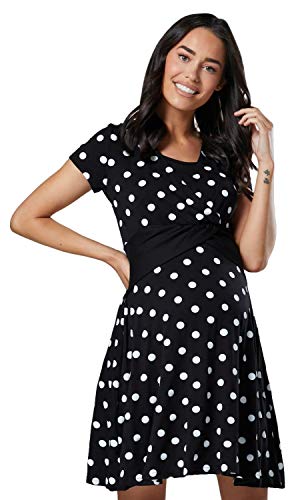 HAPPY MAMA. Para Mujer Vestido Skater premamá y de Lactancia. 605p (Negro con Puntos, 38, M)