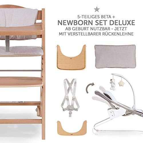 Hauck Beta Plus Newborn Set Deluxe - Trona evolutiva con Hamaca reclinable y móvil, cojín y bandeja - Trona bebe convertible- Silla Trona Madera haya - Nature/Beige