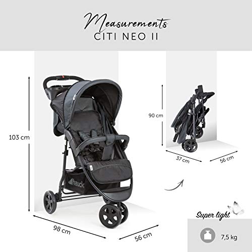 Hauck Citi Neo II - Silla de paseo de 3 ruedas, respaldo reclinable, plegado compacto, plegado con solo una mano, nacimiento hasta 25 kg, ultra ligero, solo 7.5 kg, bandeja con botellero, negro/gris