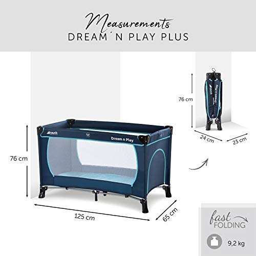 Hauck Dream'n Play Plus - Cuna de viaje 3 piezas, 120 x 60 cm, de 0 meses hasta 15 kg, con colchon, bolsa de transporte, apertura lateral, plegable, ligera y estable, azul