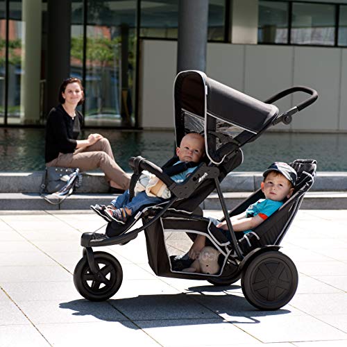 Hauck Freerider Silla de paseo gemelar para 1 o 2 niños de diferentes edades, asientos desmontables, tandem, de 0 meses (acoplando capazo blando) hasta 2 x 15 kg, dos protectores de lluvia, negro