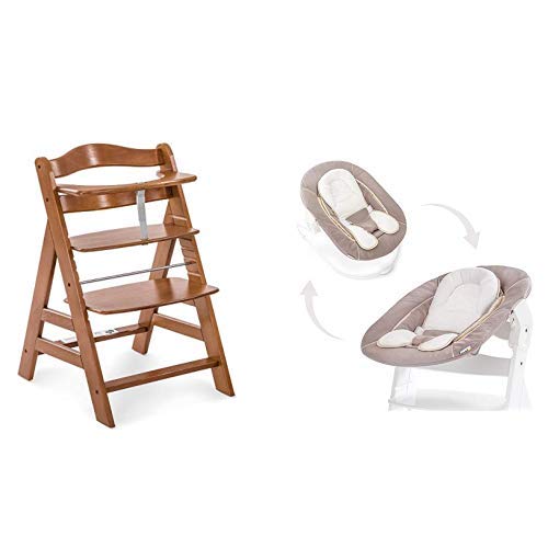 Hauck Newborn Set (2 Piezas): Trona Alpha desde 6 meses hasta 90 kg, evolutiva, altura regulable, en marrón oscuro + Hamaca (con cojin reductor liso) en beige