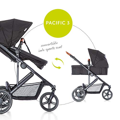 Hauck Pacific 3 Shop N Drive - Carro de Bebe de 6 Piezas, Grupo 0+, Capazo Transformable, Silla Reversible, Colchón, Cubrecapazo, Cubrepies, Manillar Regulable en Altura, Ligero, Caviar (Negro)