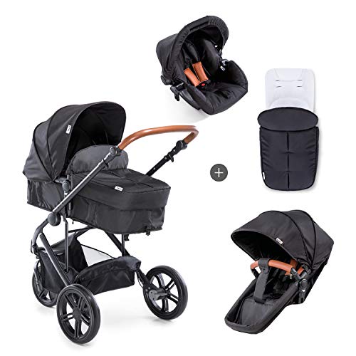 Hauck Pacific 3 Shop N Drive - Carro de Bebe de 6 Piezas, Grupo 0+, Capazo Transformable, Silla Reversible, Colchón, Cubrecapazo, Cubrepies, Manillar Regulable en Altura, Ligero, Caviar (Negro)