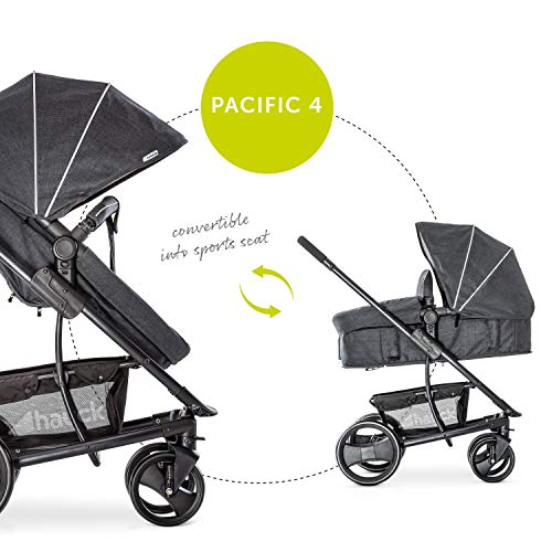 Hauck Pacific 4 Shop N Drive - Carro de Bebe de 6 Piezas, hasta 25 kg, Grupo 0+, Capazo Transformable, Silla Reversible, Colchón, Cubrecapazo, Cubrepies, Saquito, Ligero, Melange Charcoal (Gris)