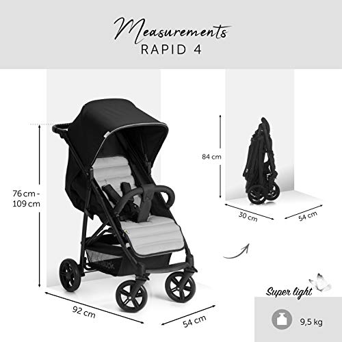 Hauck Rapid 4  Cochecito de 0 meses a 22 kg, plegable, compacto, con una mano, con posición para dormir, manija ajustable en altura, cesta grande, negro/gris