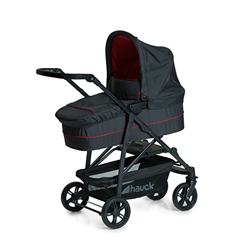 Hauck Rapid 4 Plus Trio Set - Carrito de bebe 3 in 1, de 0 meses a 25 kg, adaptable a Isofix, capazo, respaldo reclinable, manillar ajustable en altura, plegado con una mano, grupo 0+, negro rojo