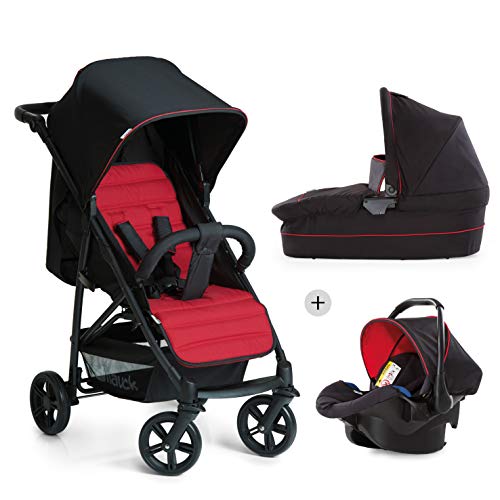 Hauck Rapid 4 Plus Trio Set - Carrito de bebe 3 in 1, de 0 meses a 25 kg, adaptable a Isofix, capazo, respaldo reclinable, manillar ajustable en altura, plegado con una mano, grupo 0+, negro rojo