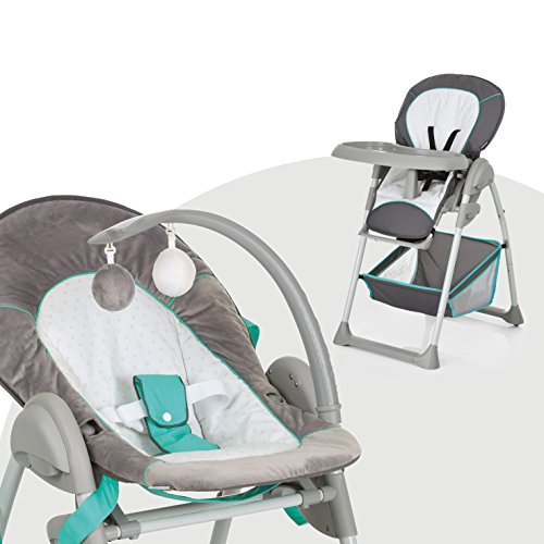 Hauck Sit N Relax - Hamaquita balancin y trona para recién nacidos, respaldo reclinable, chasis ligero, con arco móvile, mesa, ruedas, regulable en altura, plegable - gris azul