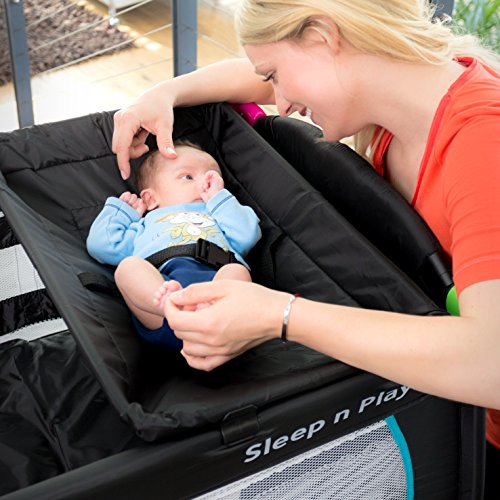 Hauck Sleep N Play Center - Cuna de viaje 7 piezas hasta 15 kg, altura recién nacido, con apertura lateral, ruedas, colchón, cambiador bebe, bolsa de transporte, plegable y regulable, negro