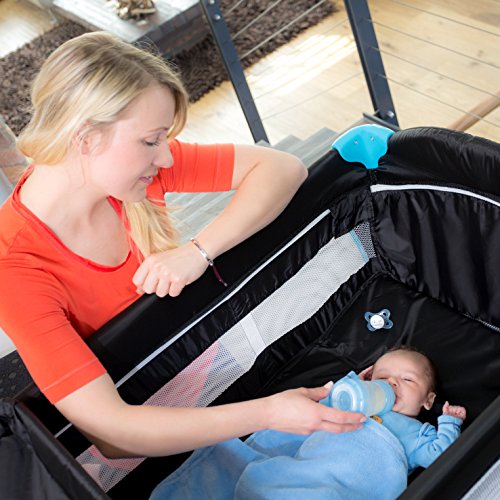 Hauck Sleep N Play Center - Cuna de viaje 7 piezas hasta 15 kg, altura recién nacido, con apertura lateral, ruedas, colchón, cambiador bebe, bolsa de transporte, plegable y regulable, negro