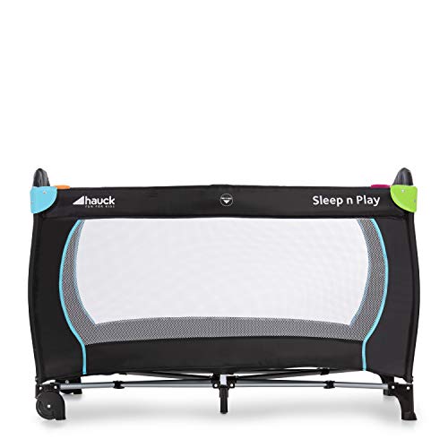 Hauck Sleep N Play Go Plus - Cuna de viaje 4 piezas, de nacimiento hasta 15 kg, con apertura lateral, ruedas, colchón, bolso de transporte, plegable, negro