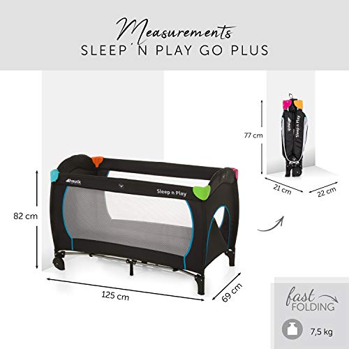 Hauck Sleep N Play Go Plus - Cuna de viaje 4 piezas, de nacimiento hasta 15 kg, con apertura lateral, ruedas, colchón, bolso de transporte, plegable, negro