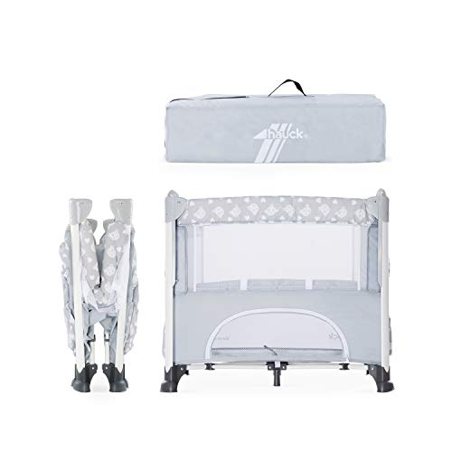 Hauck Sleep'n Care Plus - Minicuna, 5 piezas, con colchón, ruedas, bolsas, barandilla lateral de bajar para acceder al bebe, bolsa de transporte, plegado fácil, gris