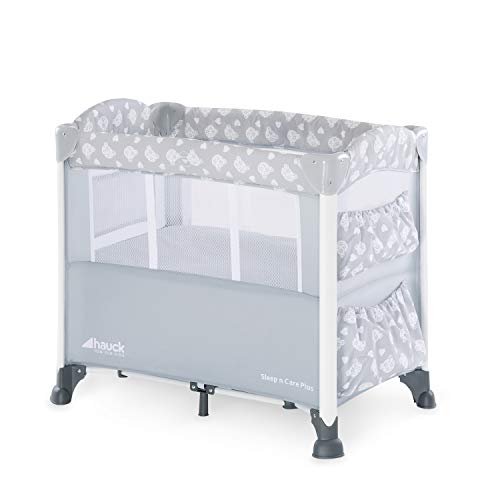 Hauck Sleep'n Care Plus - Minicuna, 5 piezas, con colchón, ruedas, bolsas, barandilla lateral de bajar para acceder al bebe, bolsa de transporte, plegado fácil, gris