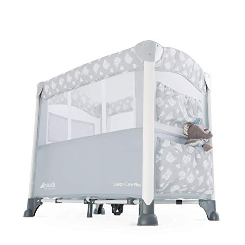 Hauck Sleep'n Care Plus - Minicuna, 5 piezas, con colchón, ruedas, bolsas, barandilla lateral de bajar para acceder al bebe, bolsa de transporte, plegado fácil, gris