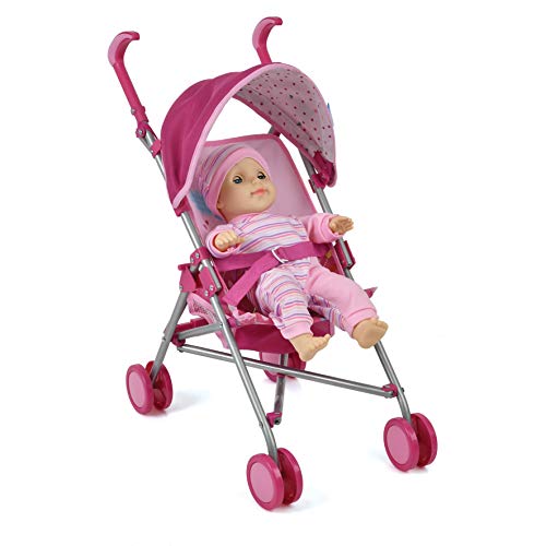 Hauck Toys - Silla de Paseo para muñecas Drive Sun - con Capota, cesto para Guardar los Juguetes y cinturón / Cochecito de Juguete Plegable con Ruedas Dobles - Birdie Pink