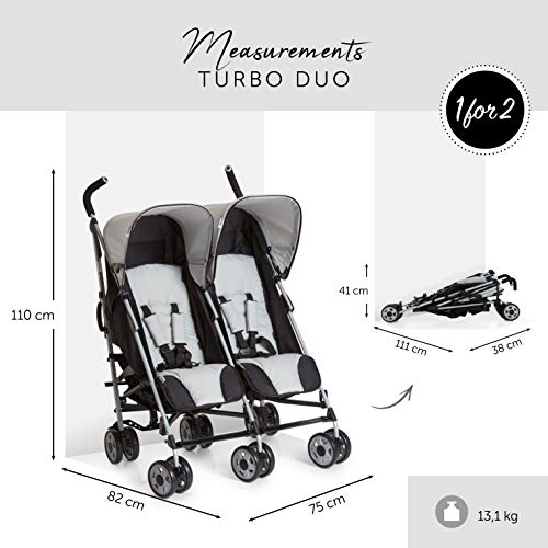 Hauck Turbo Duo - silla gemelar para gemelos y hermanos de 0 meses (combinable con capazo blando Carrycoat 2en1) a 2 x 15kg/ ancho 75cm/ ligera/plegable compacto/gris negro