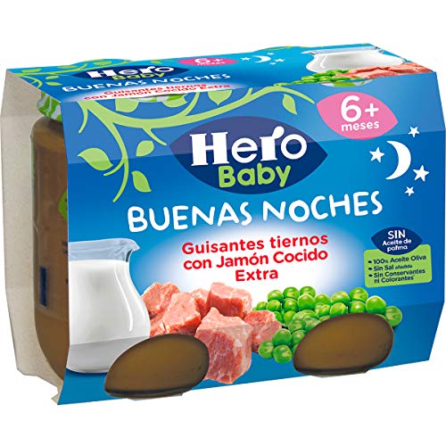 Hero Baby Buenas Noches Guisantes Tiernos con Jamón Cocido Tarrito de Puré para bebés a partir de 6 meses, 2 x 190 g