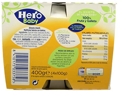 Hero Baby Fruta Tarrinas de Puré Multifrutas Selectas con Galletas para Bebés a partir de 4 meses Pack de 6 de 4x100 g