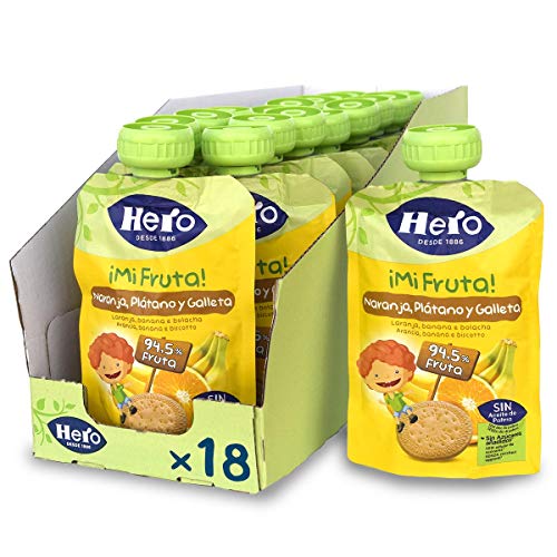 Hero Baby Mi Fruta - Bolsita de Fruta con Naranja, Plátano y Galleta, Sin Azúcares Añadidos, para Bebés a Partir de los 12 Meses - Pack de 18 x 100 g