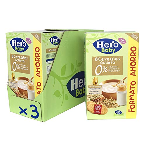 Hero Baby - Papilla de 8 Cereales con Galleta sin Azúcares Añadidos, para Bebés a Partir de los 6 Meses - Pack de 3 x 820 g