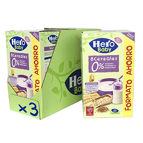 Hero Baby - Papilla de 8 Cereales sin Azúcares Añadidos, para Bebés a Partir de los 6 Meses - Pack de 3 x 820 g