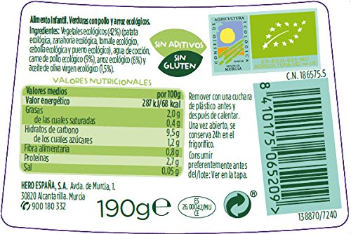 Hero Baby Solo Verduras de la Huerta con Pollo y Arroz Tarrito Ecológico para Bebés a partir de 6 meses Pack de 12 x 190 g