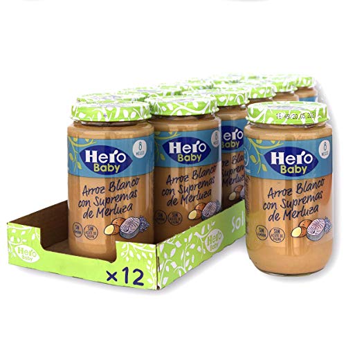 Hero Baby - Tarrito de Arroz Blanco con Supremas de Merluza, Ingredientes Naturales, para Bebés a Partir de los 8 Meses - Pack de 12 x 235 g