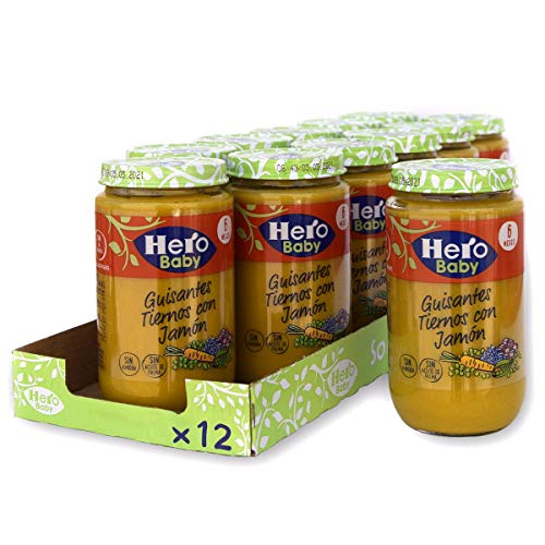 Hero Baby - Tarrito de Guisantes Tiernos con Jamón, Ingredientes Naturales, para Bebés a Partir de los 6 Meses - Pack de 12 x 235 g