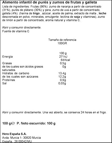 Hero - Bolsita De Fruta  Naranja, Plátano Y Galleta 100 gr - Pack de 9 (Total 900 gr)