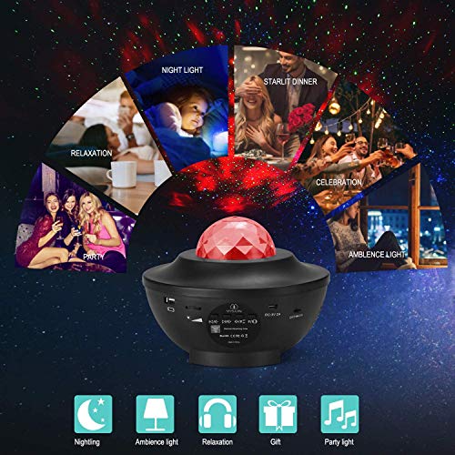 HOLAy Lámpara Proyector, proyector de Estrellas，Lámpara de Nocturna Estrellas & Océano 2 in 1 con Rotación y Música, 10 Colores de luz giratoria de 360 °