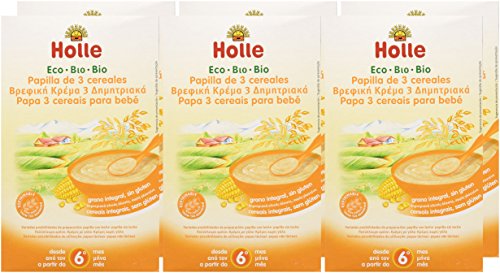 Holle Papilla 3 Cereales (+6 meses) SIN GLUTEN - Paquete de 6 x 250 gr - Total: 1500 gr